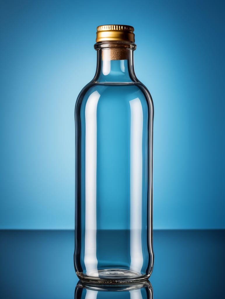 a transparent Glass Bottle, Empty, Clean, Clear, isolated, blue background