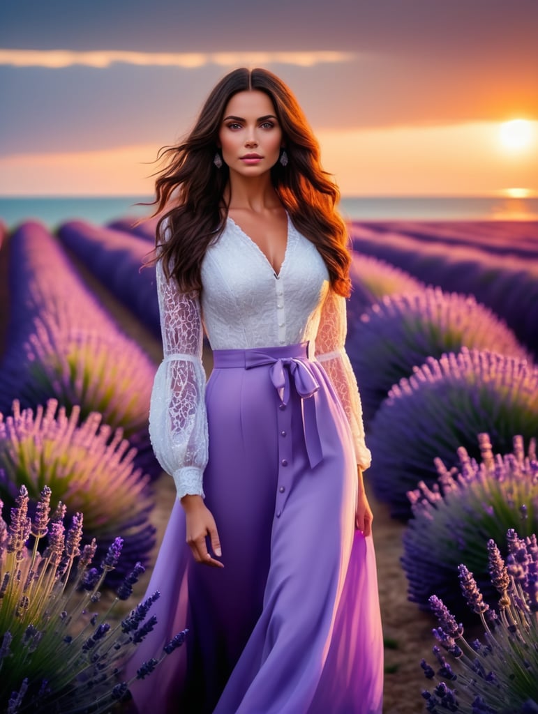 Most beautiful brunette woman in the history of the world standing in a field of lavender near the sea, dramatic lighting, vivid colors, blurry background, sunset