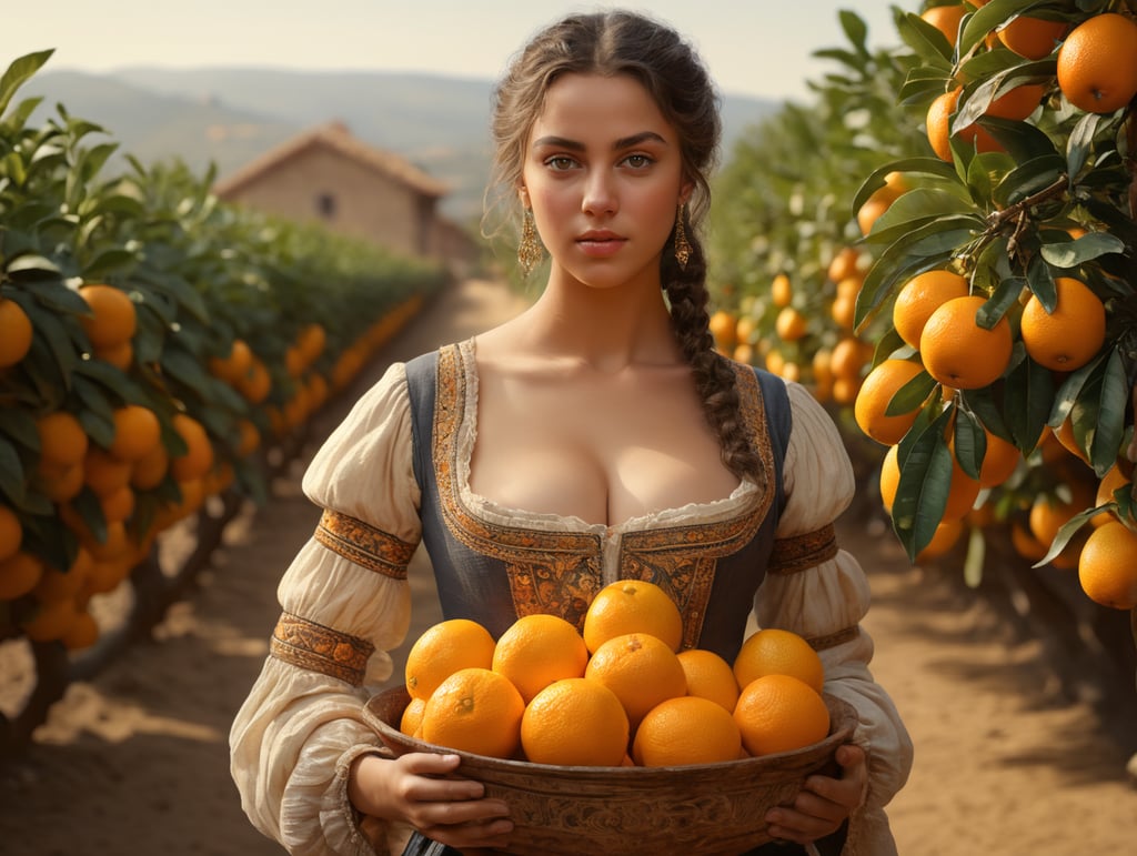 Portrait of a young, dark and beautiful Italian girl growing oranges from Sicily in 17th century Italian folk peasant clothing with a plunging neckline and full breasts, dramatic lighting, depth of field, orange trees in the background. Oranges should have a beautiful, even structure. Incredibly high detail holding fresh oranges in hand