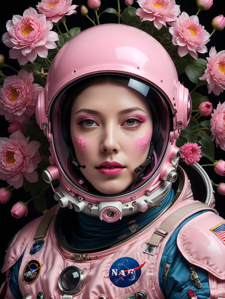 Close up portrait photography of a Astronaut, wearing a pink Astronaut Costume, 80 degree view, art by sergio lopez, natalie shau, james jean and salvador dali, pink flowers booming