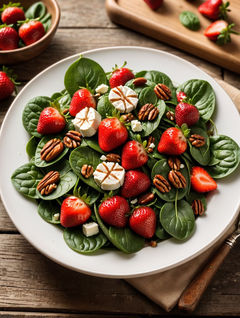 Spinach and Strawberry Salad, small plate on a wooden table, Description: A sweet and savory combination of fresh baby spinach, ripe strawberries, goat cheese, and candied pecans, often served with a balsamic vinaigrette.