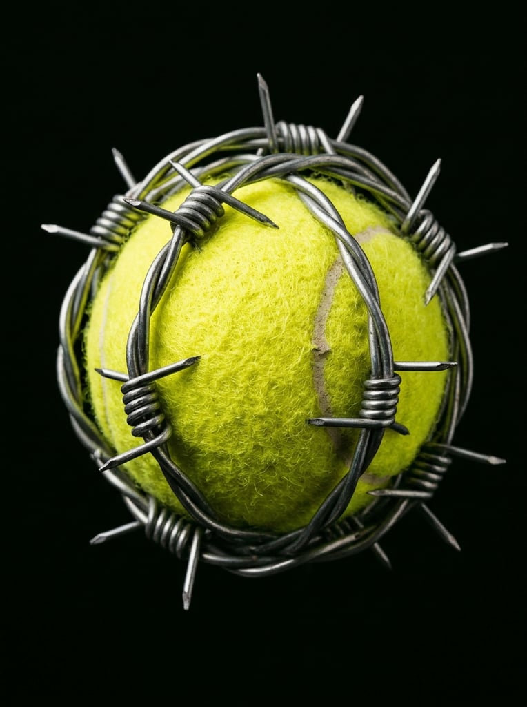 A fluorescent yellow tennis ball tightly bound in silver barbed wire with long sharp spikes, isolated on a solid black background. High-contrast studio lighting emphasizes the juxtaposed textures of fuzzy felt and cold reflective metal in sharp macro focus.