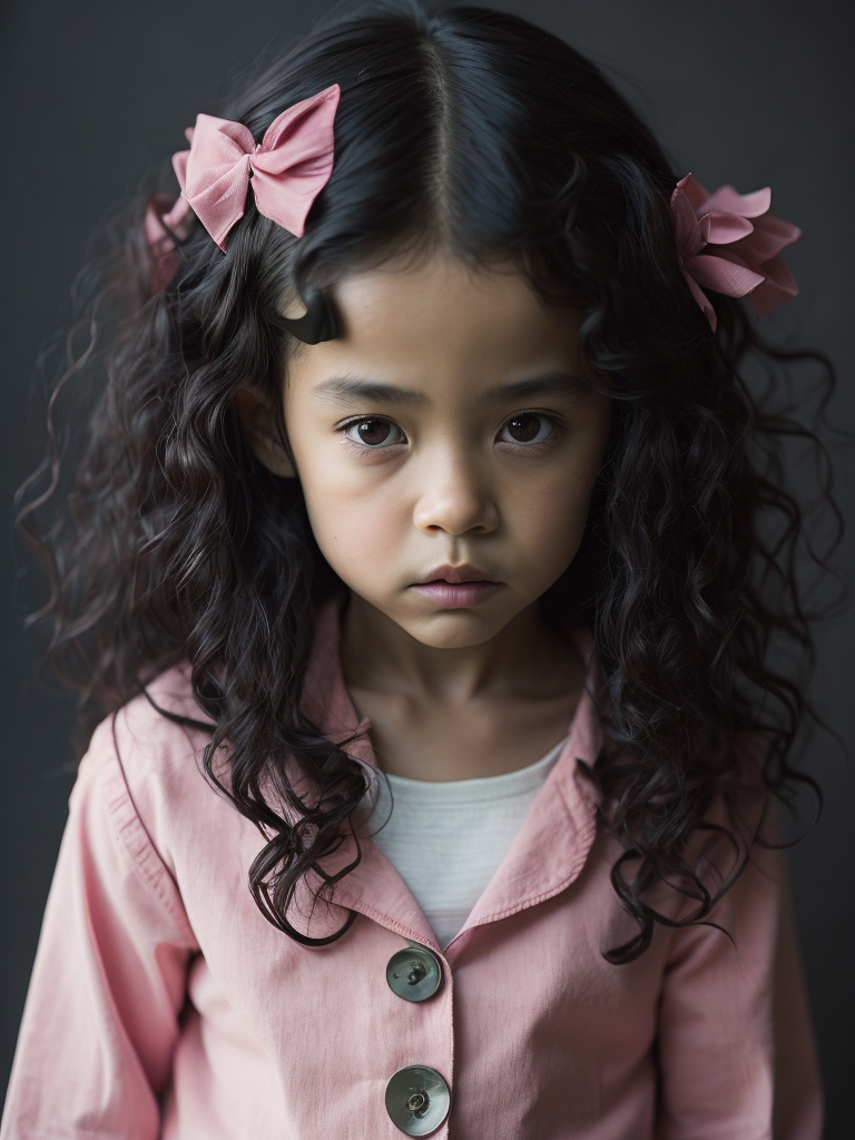 criança, mestiça japonesa, cabelo cacheado preto grande, pele clara, com 4 anos de idade, vestida de rosa.