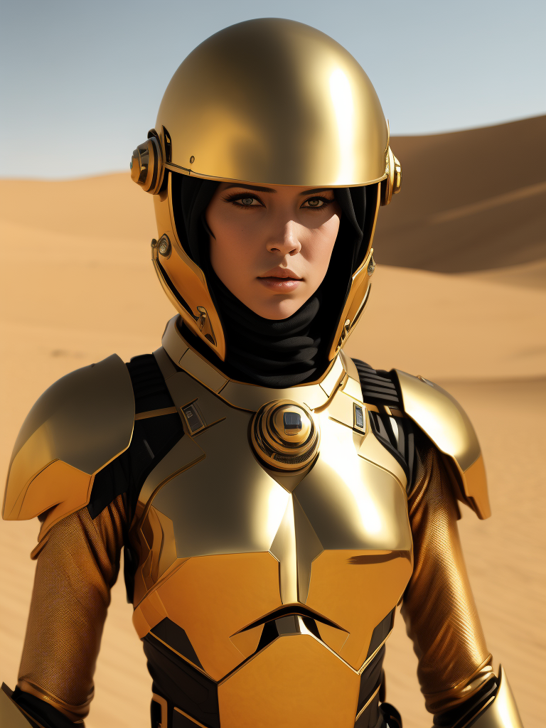 Cyber girl wearing gold chrome helmet, shining reflections, walking in the desert, photorealistic, hyper-detailed, dune atmosphere