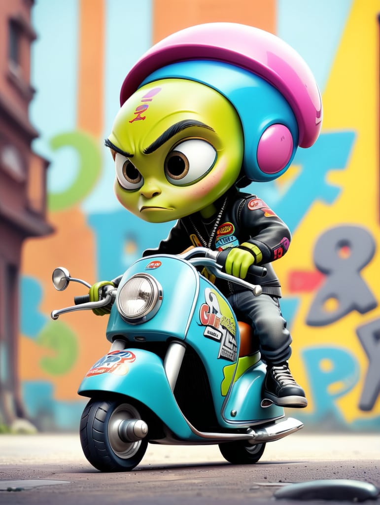 alien biker, super speed, racer, Vespa scooter - a unique streetwear design that combines old and new. Combine bold urban typography with retro graphics, taking inspiration from graffiti. Use a variety of earthy tones to give your design a modern touch with stylistic visual graphics.