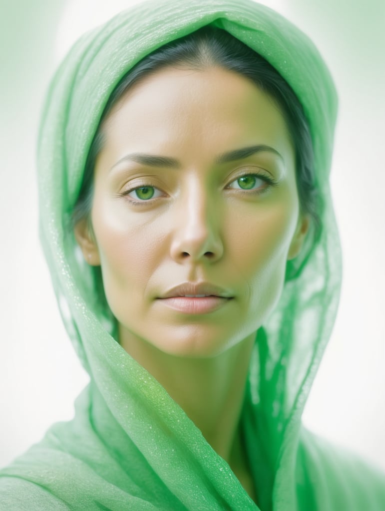 Portrait of a woman experiencing spiritual experience, wrapped green film