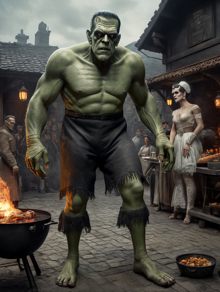 full body image of Boris Karloff as Frankenstein's Monster and Frankenstein's Bride, welcoming you to their barbecue restaurant