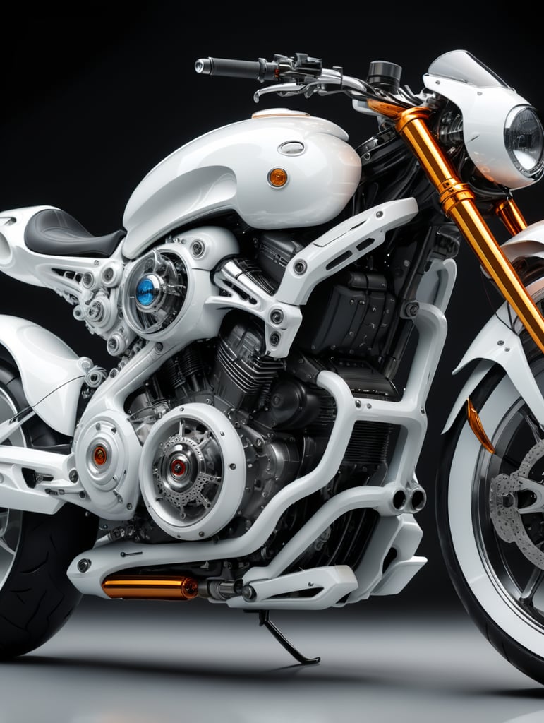 Futuristic white motorbike, low angle view, isolated, white background, mockup