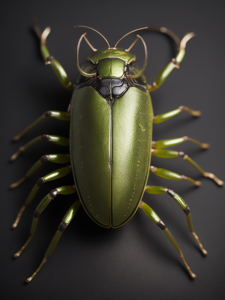 beautiful beetle, metallic, gold and lime green, black background, incredibly detailed, overhead view, vibrant, dramatic lighting