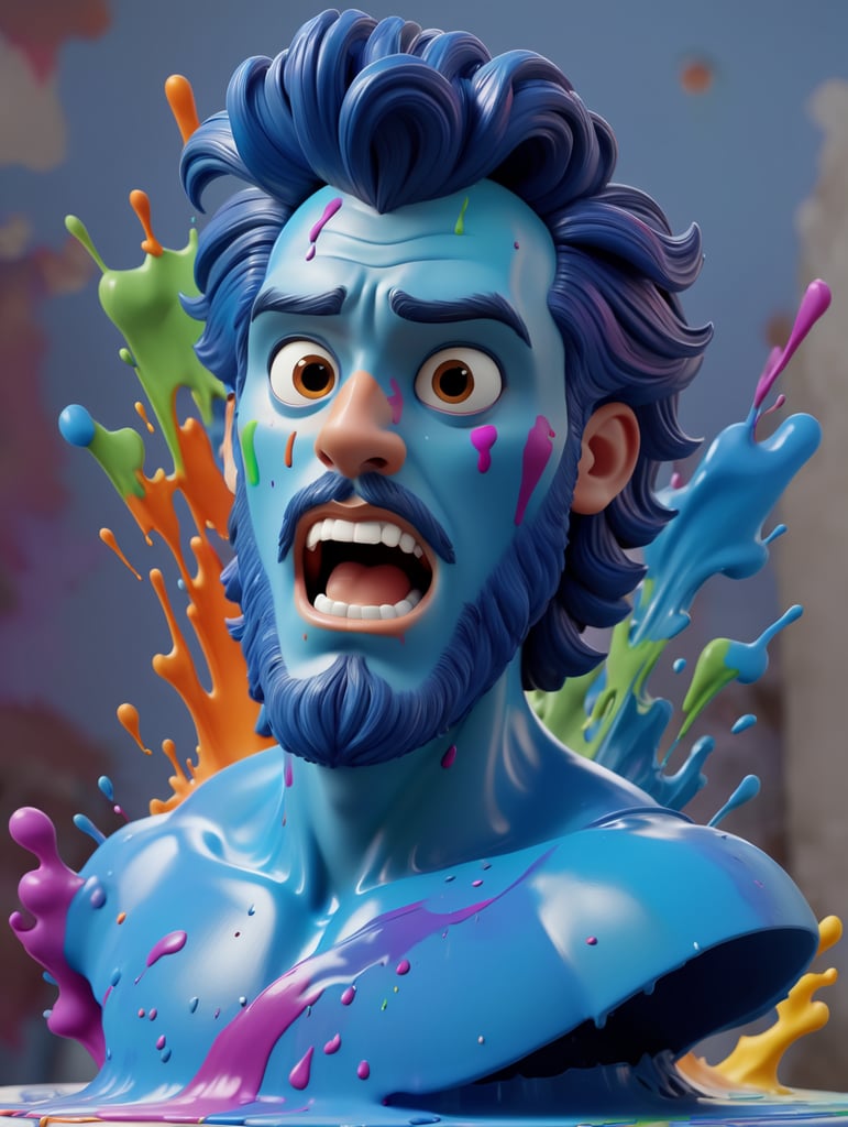 greek male bust with colorful paint, melted, the paint is flowing, aesthetic background