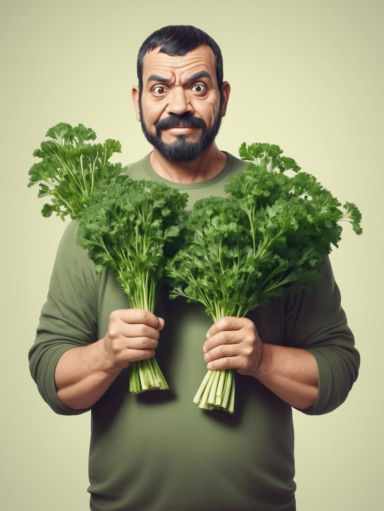 ugly man with parsley in his hand cartoon style