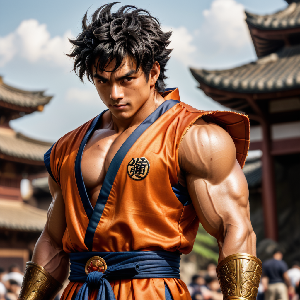 Crea una imagen realista de Goku, el protagonista de Dragon Ball. Goku es un hombre de complexión atlética, con un físico musculoso y una altura de 1,75 metros. Tiene el pelo negro y corto, con una raya en el medio, y ojos marrones. Su piel es de color bronceado. Respeta su traje caracteristico, kimono naranjo con la insignia de la tortuga.