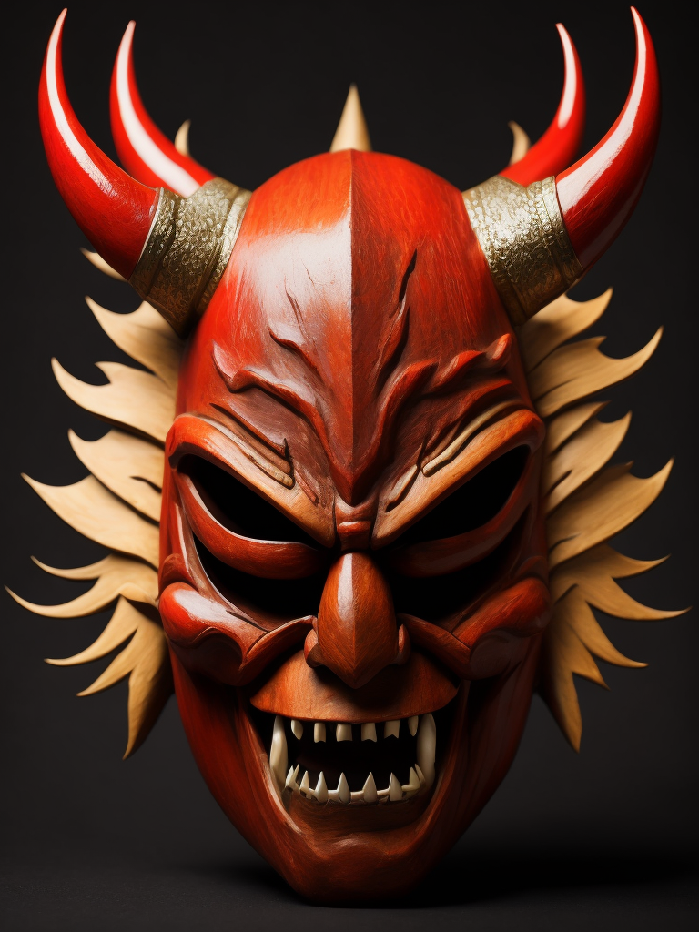 wooden red japanese demon mask with fangs and horns, black background, aggressive, Depth of field, Incredibly high detail