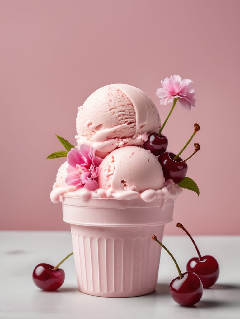 light pink ice cream with cherry flowers