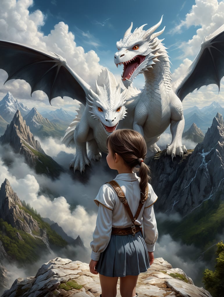 little young girl looking up at the mountain rear view camera angle, a very far distance a friendly white dragon flying in the white cloudy sky, fantasy, realistic