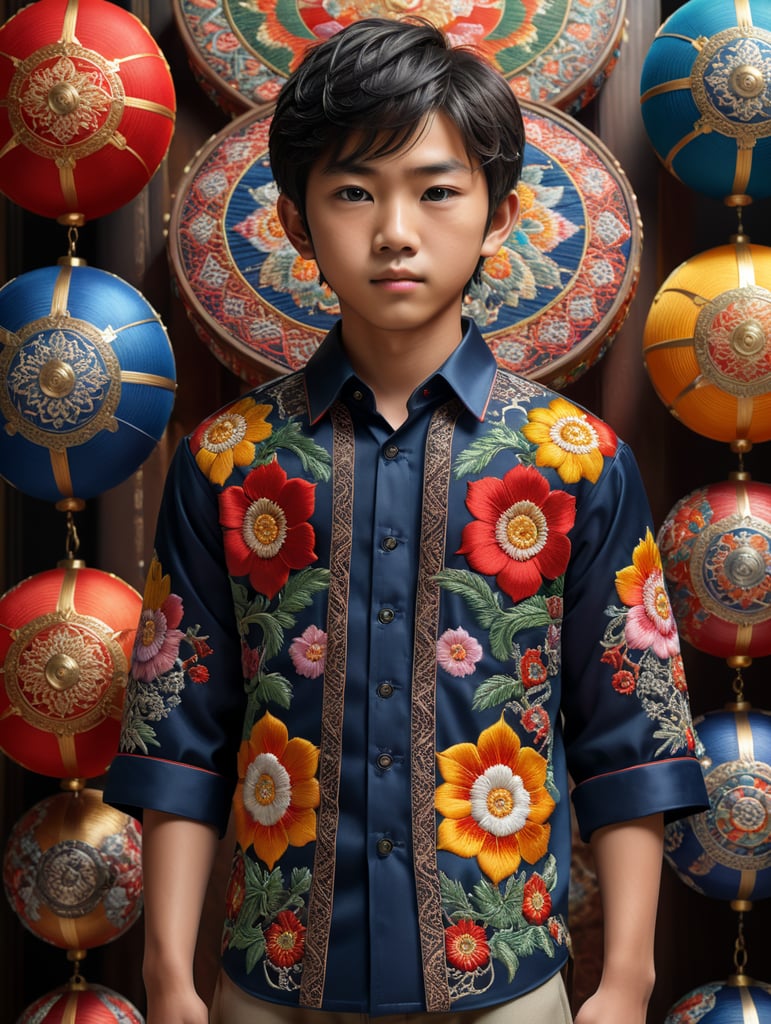 A young Japanese boy stands proudly in his traditional embroidered shirt, surrounded by vibrant colors and intricate patterns. The 8K Ultra HD resolution captures every detail of his outfit, from the delicate stitching to the rich textures. With the use of octane render, this 3D image comes to life in a stunning isometric view.