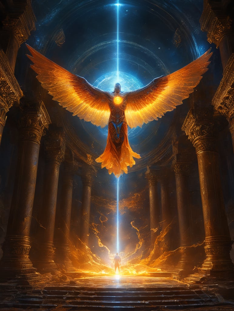 light been with a human shape orange yellow with the border blue energy light flying in the eternal universe