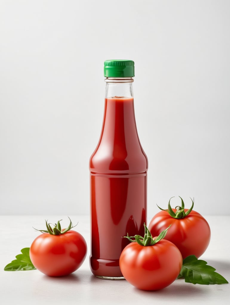 tomato ketchup bottle, red tomato with green leaves, isolated, white background
