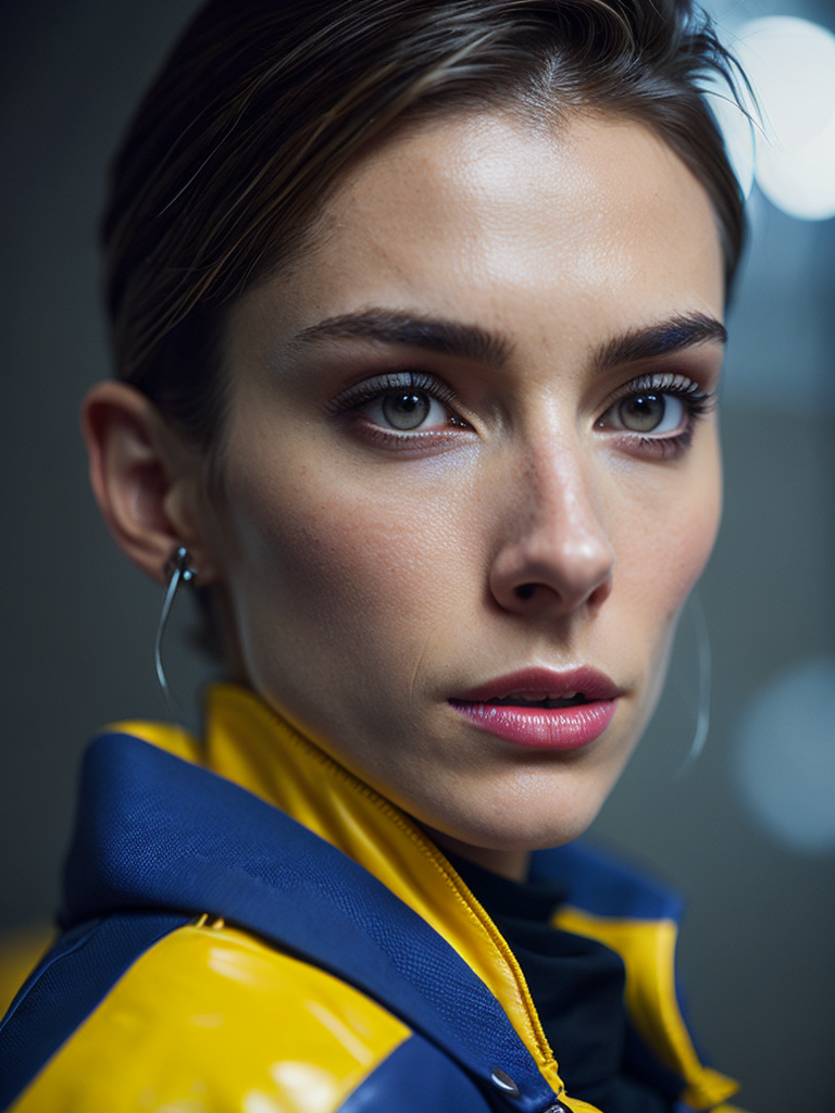 cinematic shot, a women looks on the camera, wearing yellow leather jacket, yellow lighting right side reflecting on her face, weak blue lighting left side reflecting on her face, canon 50 lens, focus on the face everything else is in blur, the blade runner scene.