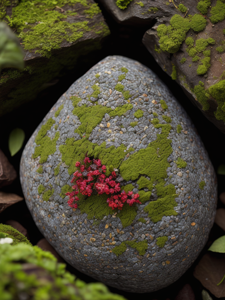 Envision a hyper-realistic, high-resolution image capturing the fascinating sight of a rock that is not just alive, but artistic. The rock is nestled in a vibrant garden, its surface adorned with a mosaic of colorful lichens and moss that form intricate patterns, giving it the appearance of a living sculpture. The colors should be a mix of the earthy tones of the rock and the vibrant hues of the lichens and moss. The composition should be a close-up shot, focusing on the rock and capturing every detail of its artistic surface.