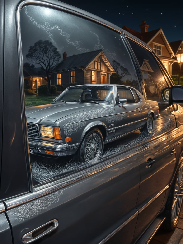 hand drawn in grey lead pencil detailed image of night refelctions on car side window of a man walking past , australian house