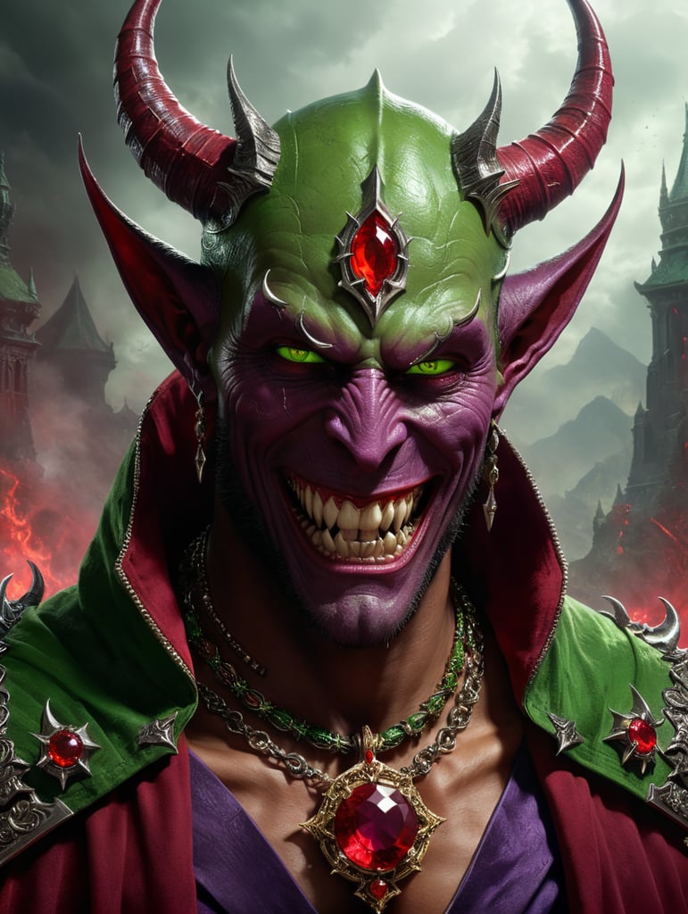 Warlock tiefling devil horns purple eyes fanged smile green power Ruby necklace red cloak