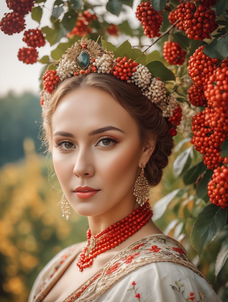 Portrait of a Beautiful women from Russian fairy tale wearing traditional costume around bunches of rowan