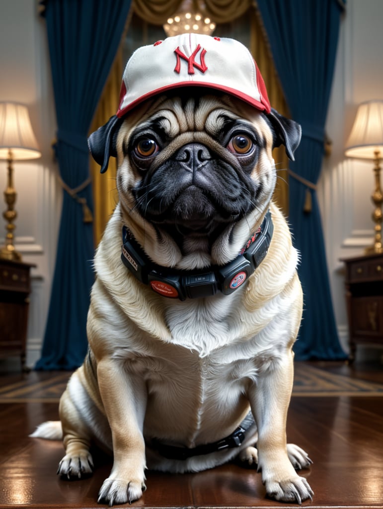 A pug dog wearing a baseball cap and a camera is a tourist at the white house in Washington dc