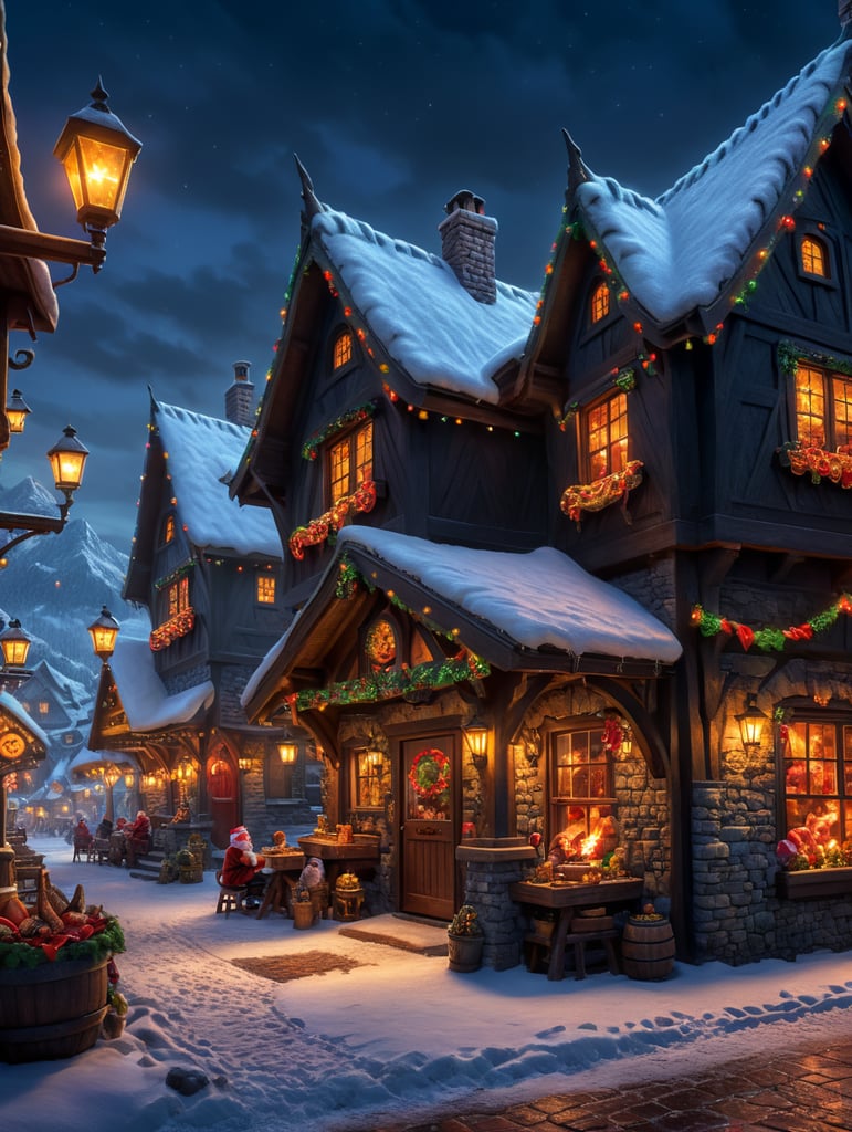 Santa grills meats, steaks, burgers. Sweet Goblins are waiting for food little elves. A picturesque, snowy village at dusk. The stage features twinkling lights from cozy cottages
