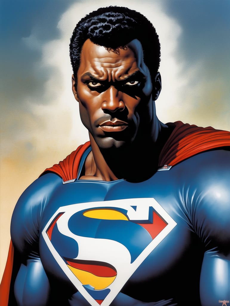 Black Superman, Hero Portrait, Comics, Marvel, Horror, USA, style of Richard Corben