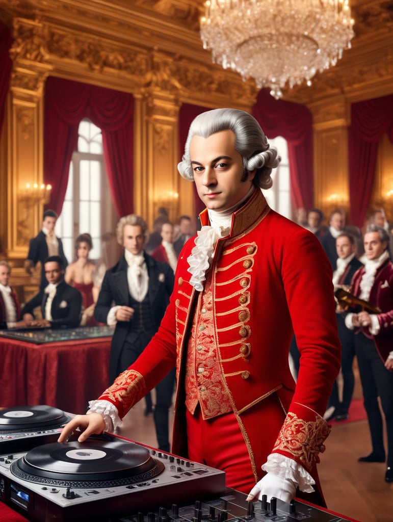 Wolfgang Amadeus Mozart in a 18th century red suit making music on a DJ table, Against the background of the interior of the palace full of guests, studio photo, professional photo, Bright and rich colors, Detailed image, detailed face,