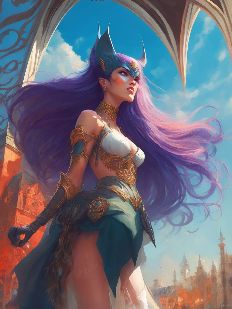 fairytale batman, Marty Bell, openwork veranda, day, sunlight, blue sky, lawn, pastel colors, transparent colors, pink, blue, purple, green, white