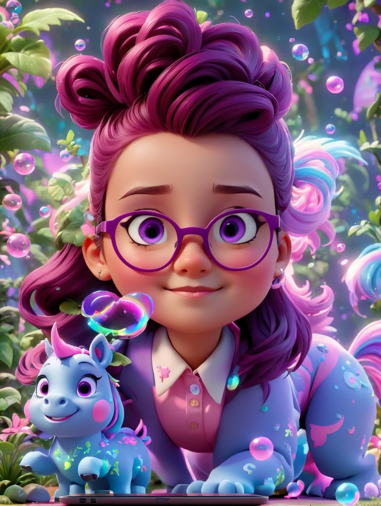 A young cool girl with glasses pink scene a laptop with a no brand. make the hair pink and violet, more neon style and more plants in the background. Bubbles, big flying unicorns, rainbows, kid style, blue eyes, big unicorns pet a said, more background space