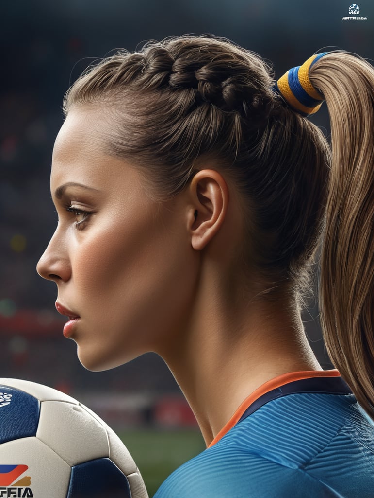 A close-up of a female soccer player, seen in profile, kissing the FIFA Women's World Cup World Cup with a ponytail