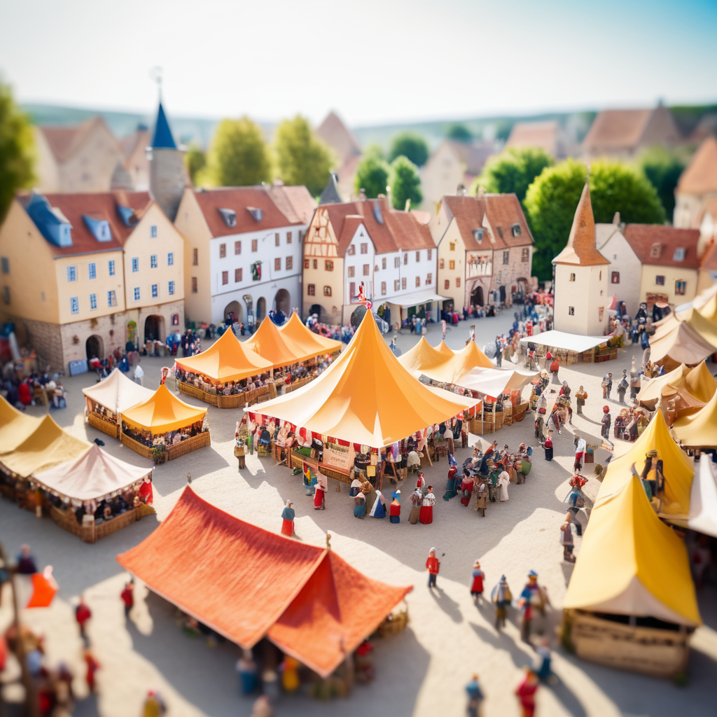 A medieval-inspired creative concept is depicted in a tilt-shift photograph capturing the joyful ambiance of a village fete and fair