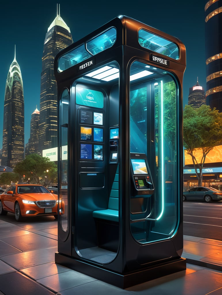 A sleek, state-of-the-art telephone booth with cutting-edge technology and solar power integration, presented through a professional digital illustration style. In the spirit of concept artist Syd Mead, this image showcases a futuristic, cityscape backdrop. The booth exudes minimalism and sophistication with its clean lines and advanced touchscreens. The color palette is a mix of cool, futuristic blues and vibrant, eco-friendly greens. Facial expressions are determined and focused, bathed in the glow of a digitally enhanced atmosphere, demonstrating the embodiment of professionalism in modern technology. --v 5 --stylize 1000