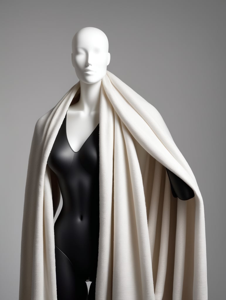 A black matte mannequin without a face and hair, a white blanket is draped over the shoulders of the mannequin and the mannequin is wrapped in a blanket. One leg of the mannequin peeks out of the blanket. The blanket is white, thick and airy. The blanket gently wraps around the mannequin. 4K quality, photo realistic style. There is a gray background behind and under the mannequin.