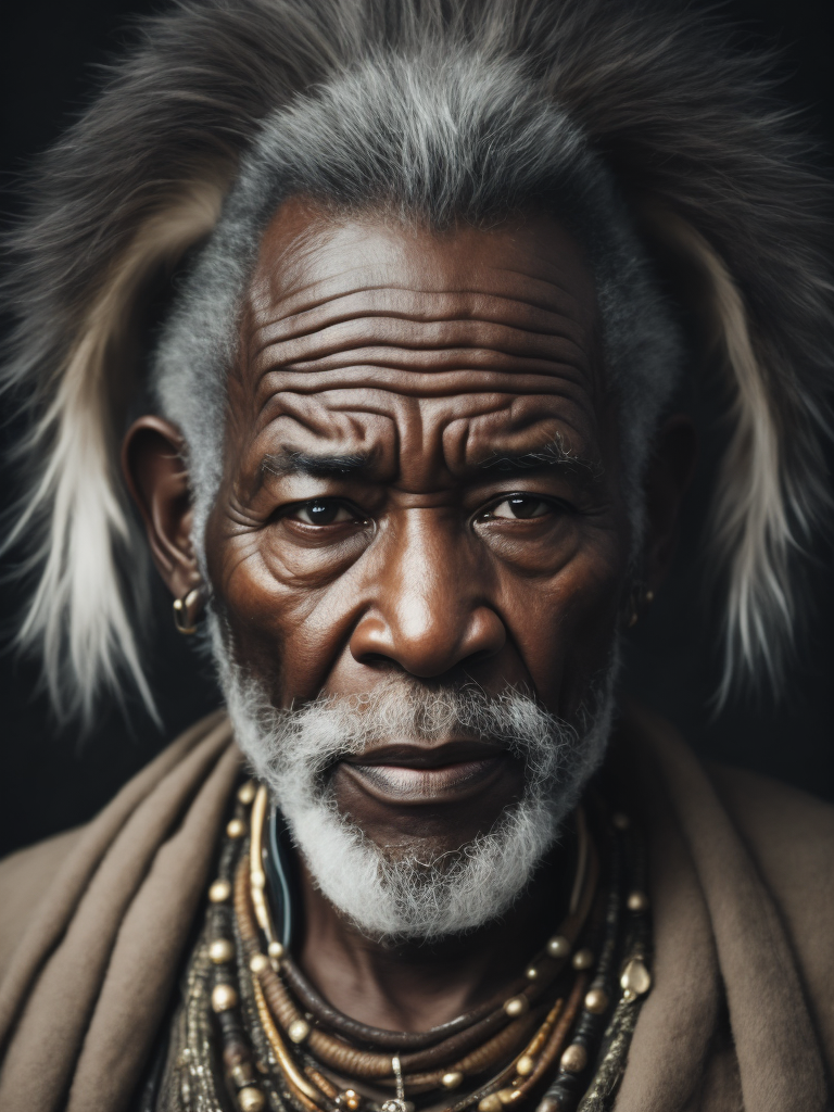 Portrait of a black elderly male shaman, gray beard, muted tones, black background