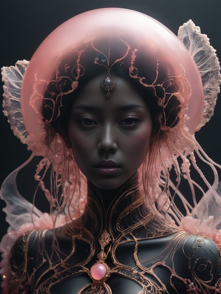 photo RAW, (Black and pink : Portrait of a ghostly jellyfish, shiny aura, highly detailed, gold filigree, intricate motifs, organic tracery, by Android jones, Januz Miralles, Hikari Shimoda, glowing stardust by W. Zelmer, perfect composition, smooth, sharp focus, sparkling particles, lively coral reef background Realistic, realism, hd, 35mm photograph, 8k), masterpiece, award winning photography, natural light, perfect composition, high detail, hyper realistic