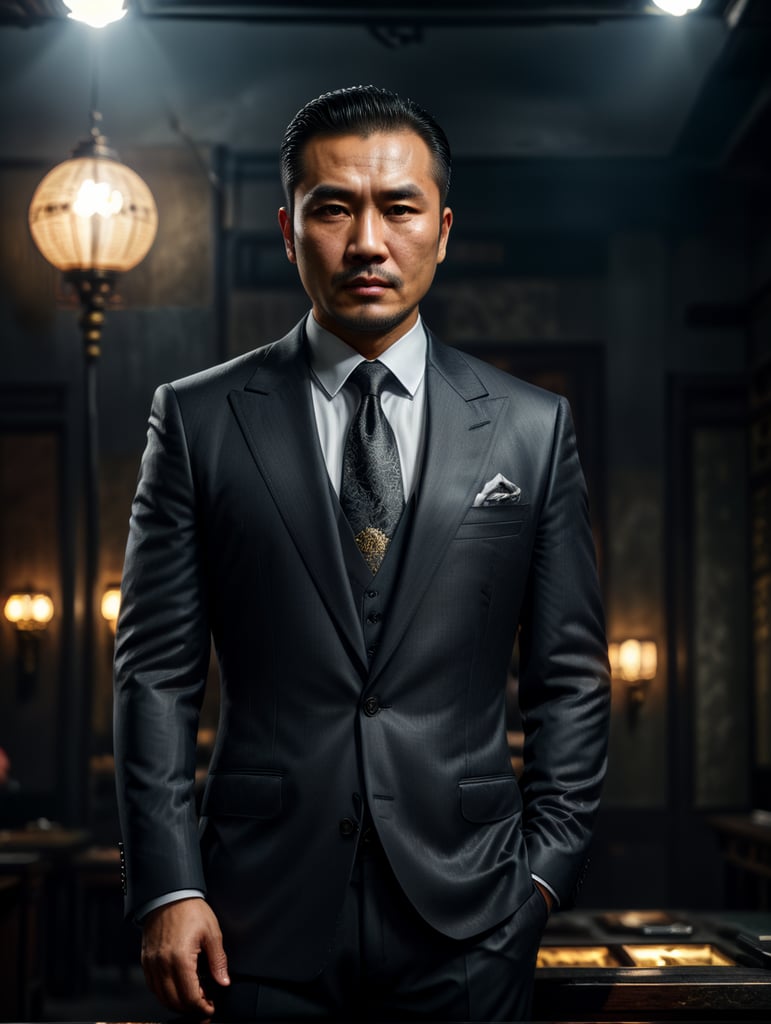 Portrait of a Chinese mafia boss in formal suit