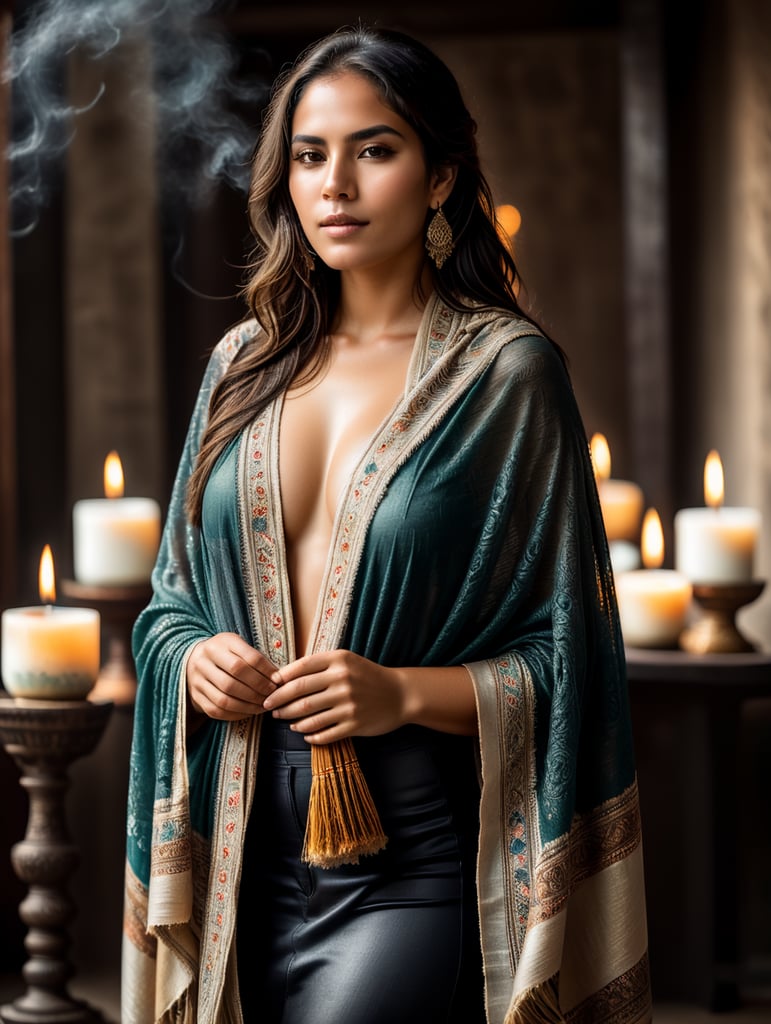 hermosa joven mexicana, vista de cuerpo completo, cubierta con un rebozo, artes chamánicas,incienso en la mano