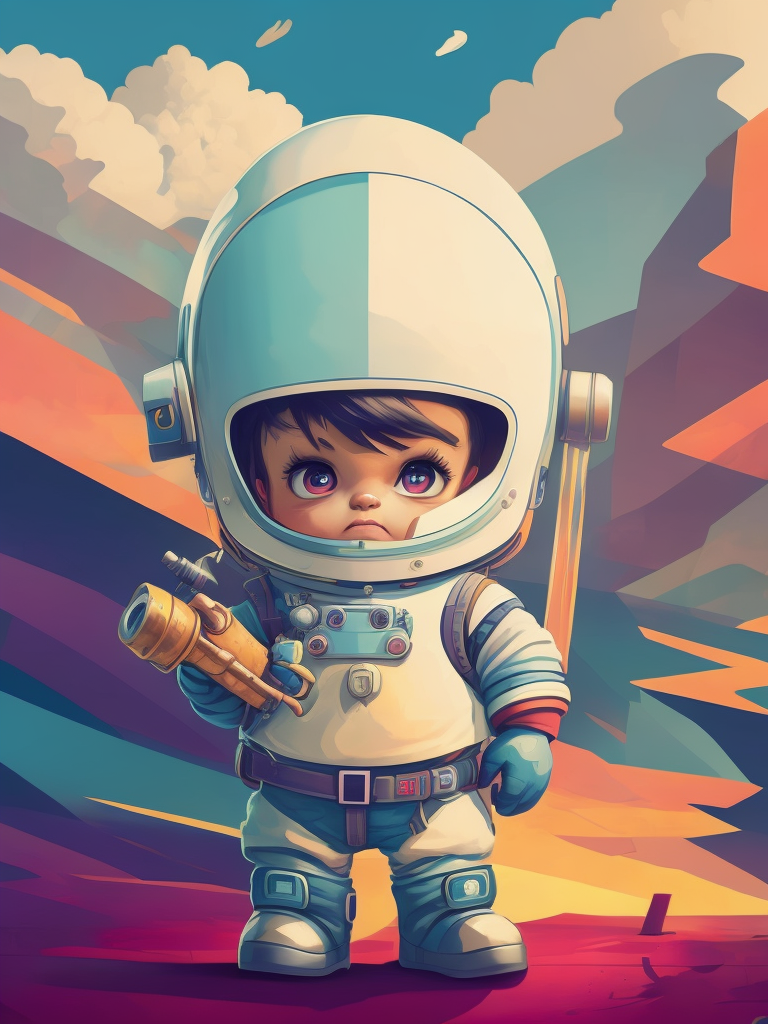 Highly detailed portrait of a cute little astronaut. he has a bright and cheerful color scheme, featuring a mix of pastel blues, pinks, and purples, standing with his arms folded holding a toy sword, surrounded by a swirl of energy. the background is a colorful cartoon landscape, with fluffy clouds and a rainbow. the background is a stark, metallic landscape, with a futuristic cityscape visible in the distance. by atey ghailan, by eduard hopper, by greg tocchini, by james gilleard, grunge aesthetic graffiti