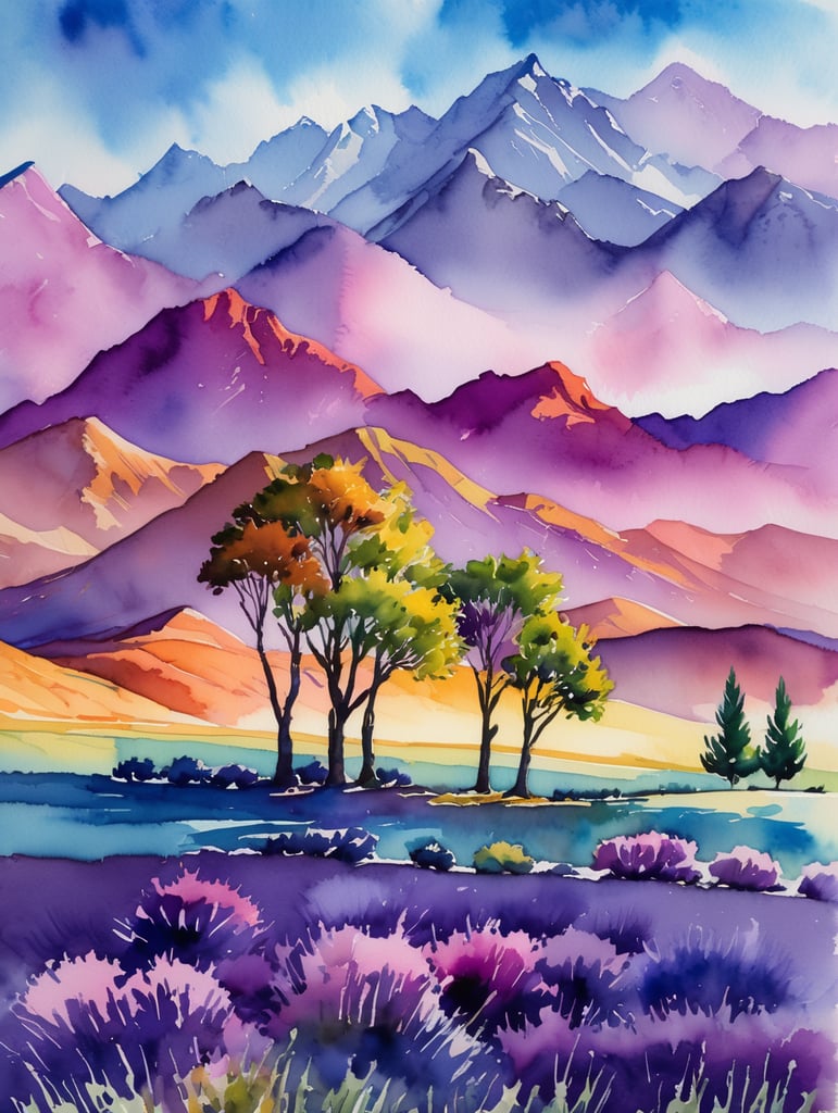 uma pintura de três árvores em um campo com montanhas ao fundo, paisagem da aquarela, paisagem abstrata vívida, o deserto é em aquarela, paisagem artística, pintura em aquarela vibrante, cores vibrantes, mas suaves, Ciprestes e Colinas, Aquarela vibrante, arte em aquarela, pintura de paisagem colorida, uma pintura em aquarela, Aquarelas, paisagem vívida, ilustração da paisagem, Paisagem abstrata, cores atmosféricas vibrantes