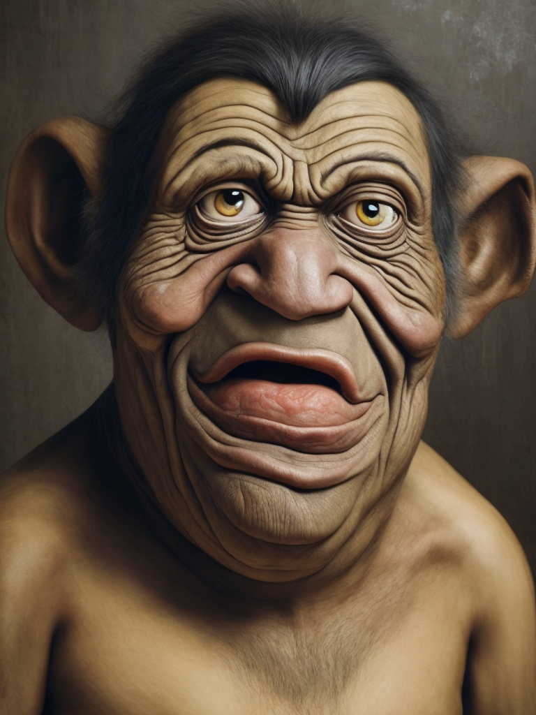 Hyper realistic 200 years old troll ugly face, hand drawing painting by Picasso