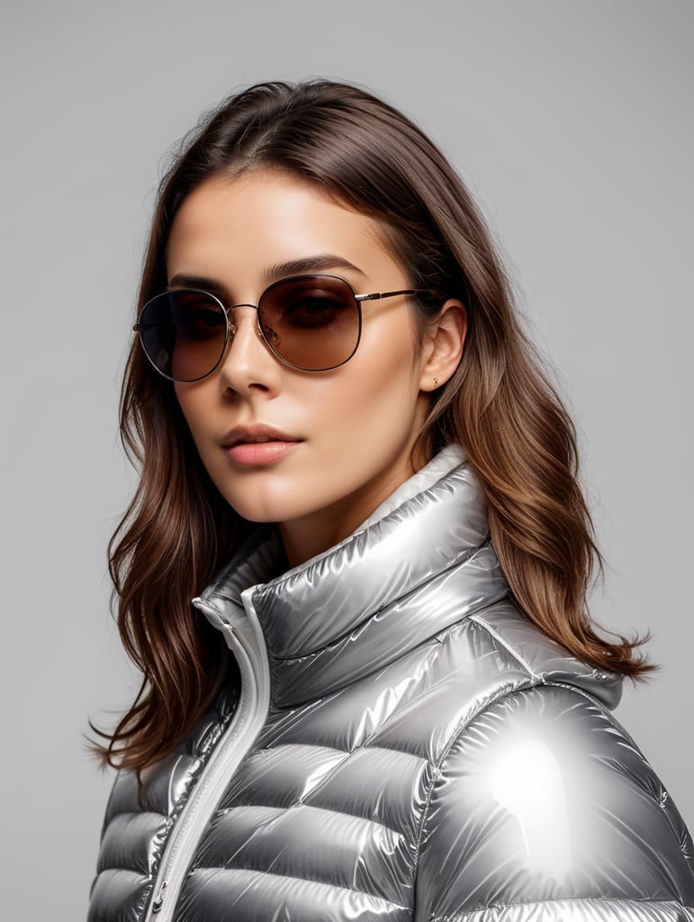 Inflatable white minimalist women's puffer jacket, wearing sunglasses, transparent, isolated, grey background, mockup