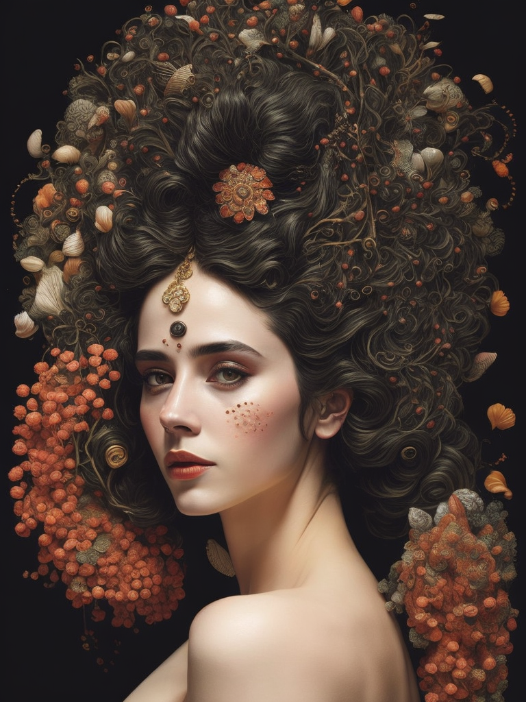 Gustav Klimt, ultafine detailed painting of a woman with corals in her hair, whimsical, detailed painting, corals,Fish and seashells around.