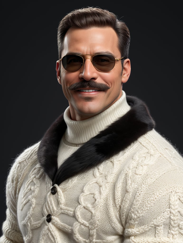 Uomo di 40 anni con i baffi, sorriso ammiccante, capelli scuri, occhiali da sole. Vestito con un maglione a collo alto bianco. Sopra al maglione ha un montone con il colletto con il pelo.