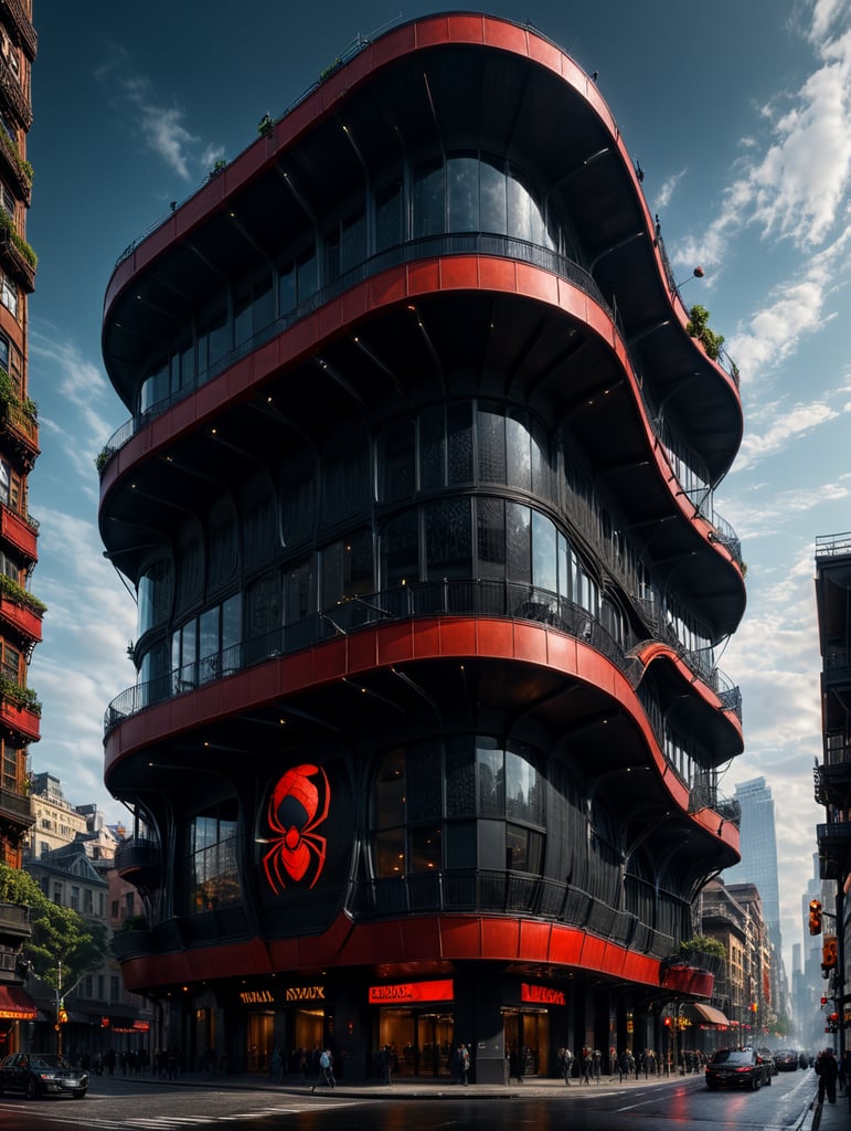 dream prompt: the craziest, bentwood, far view lens architectural modern style hyper realistic hyper detailed neocosmic exterior architecture design of a spider Fluid complex facade, geometric shapes spectrum, black::1 red:3, Antoine Blanchard architecture art style, in new york city, dramatic ambient, natural lighting, camera sony, 8k, --s1000 --style raw, you can imagine