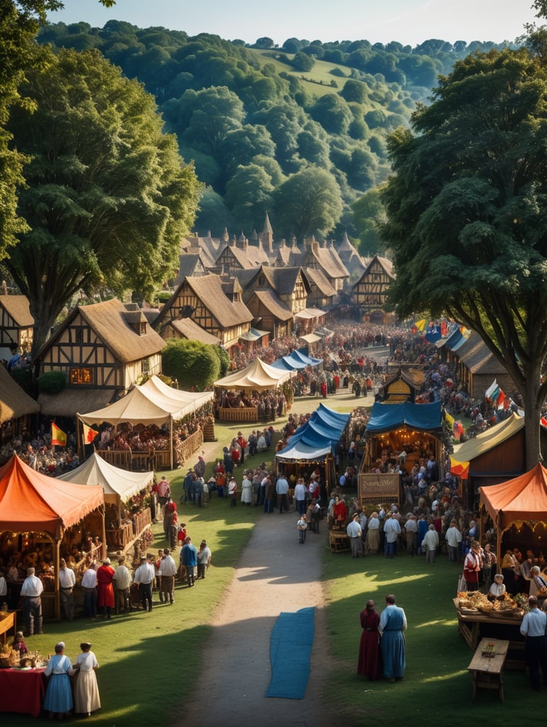 A medieval-inspired creative concept is depicted in a tilt-shift photograph capturing the joyful ambiance of a village fete and fair