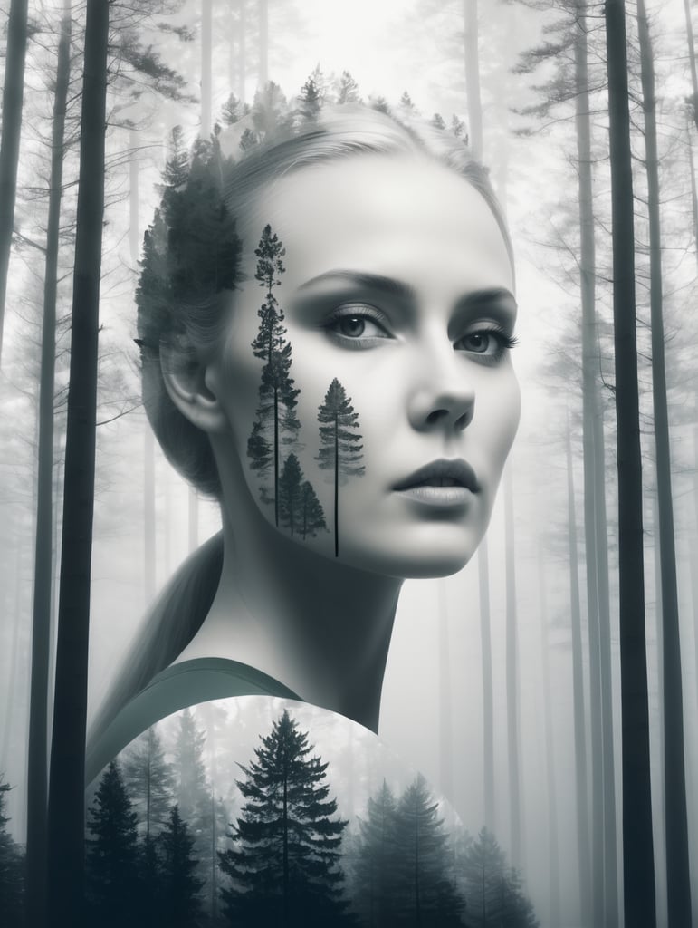 Nordic queen filled with a forest , double exposure, crisp lines, monochrome background